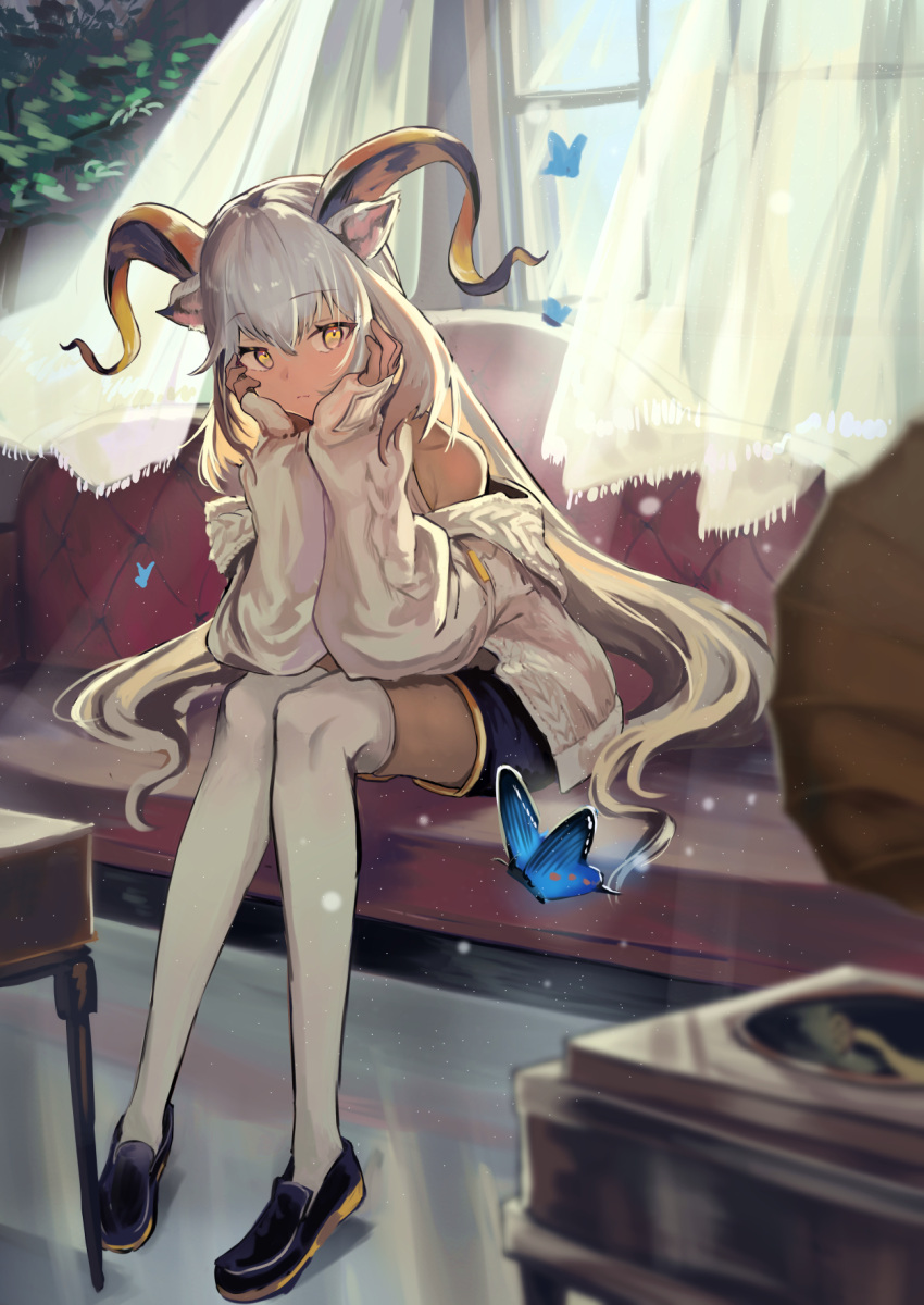 1girl animal_ears arknights bangs bare_shoulders beeswax_(arknights) beeswax_(weisser_sand)_(arknights) black_footwear black_pants bug butterfly closed_mouth couch curtains dark-skinned_female dark_skin day eyebrows_visible_through_hair full_body goat_ears goat_girl goat_horns hands_on_own_cheeks hands_on_own_face highres horns indoors jacket light_particles long_hair long_sleeves looking_at_viewer natsuba002 official_alternate_costume on_couch open_clothes open_jacket pants phonograph silver_hair sitting solo sunlight thigh-highs very_long_hair white_jacket white_legwear yellow_eyes
