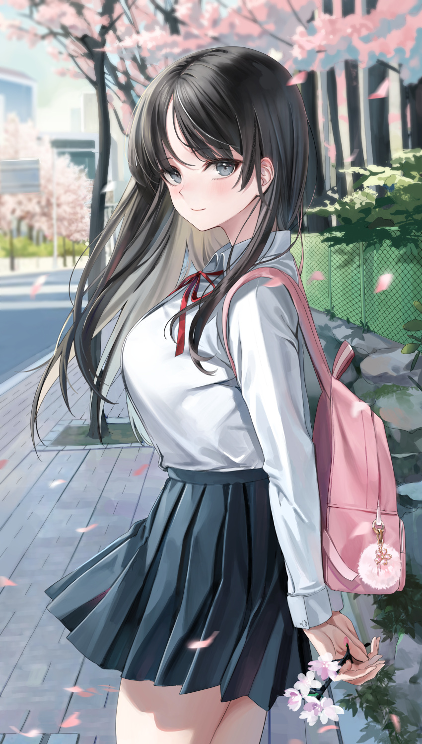 1girl absurdres arms_behind_back backpack bag bangs black_hair branch breasts cherry_blossoms closed_mouth collared_shirt commentary cowboy_shot emyo floating_hair grey_eyes highres holding holding_branch large_breasts leaf long_hair long_sleeves looking_at_viewer neck_ribbon original outdoors petals pink_bag pleated_skirt ribbon school_uniform shirt shirt_tucked_in skirt solo standing white_shirt wind