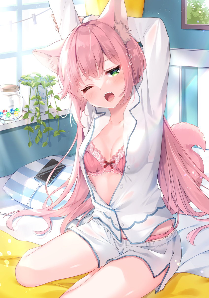 1girl absurdres animal_ear_fluff animal_ears bra breasts cellphone charging_device green_eyes highres indoors irori long_hair long_sleeves looking_at_viewer medium_breasts on_bed one_eye_closed open_clothes open_mouth open_shirt original panties phone pink_bra pink_hair pink_panties plant potted_plant shirt short_shorts shorts sleepy smartphone tail underwear wolf_ears wolf_girl wolf_tail yawning