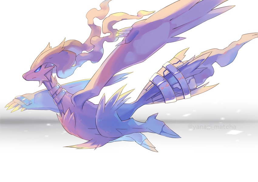 absurdres blue_eyes claws closed_mouth commentary_request flying from_side highres no_humans pokemon pokemon_(creature) reshiram twitter_username watermark white_background yanagimachi