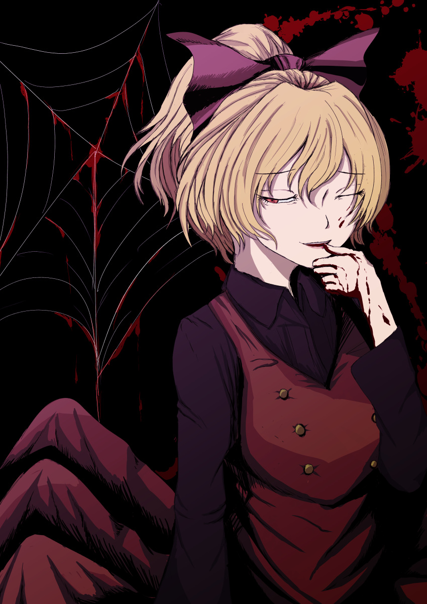 1girl absurdres arthropod_limbs black_bow black_shirt blonde_hair blood blood_on_hands blood_splatter bow breasts brown_dress buttons collared_shirt dress extra_legs eyebrows_visible_through_hair hair_bow highres kurodani_yamame licking licking_finger light_smile long_sleeves looking_away looking_down medium_breasts one_eye_closed ponytail shirt short_hair silk simple_background solo spider_web touhou weedhollow_(dokuran) yellow_eyes youkai
