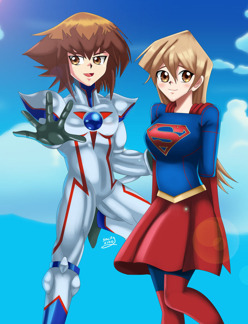 1boy 1girl arms_behind_back blonde_hair blush brown_eyes brown_hair cape cosplay couple crossover dc_comics elemental_hero_neos fanart fanart_from_deviantart flying happy red_dress sincity2100 sky smile supergirl supergirl_(cosplay) tenjouin_asuka yellow_eyes yu-gi-oh! yuu-gi-ou yuu-gi-ou_gx yuuki_juudai