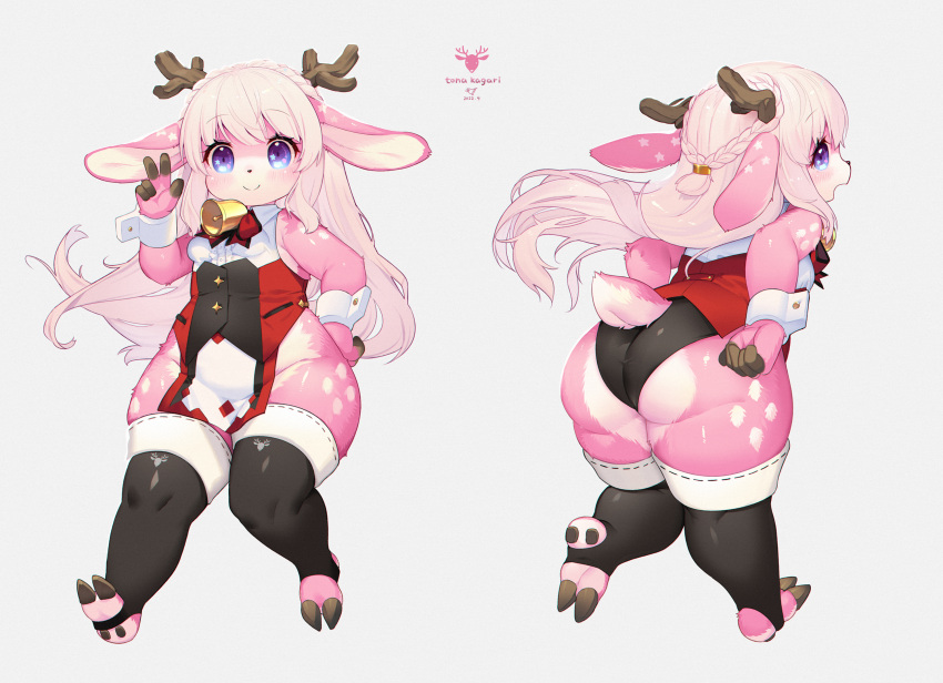 1girl animal_ears antlers arm_up ass bell black_legwear black_leotard blonde_hair blue_eyes braid breasts deer_ears deer_tail full_body furry furry_female grey_background groin hand_on_hip highres kishibe leotard leotard_under_clothes long_hair multiple_views no_pants open_mouth original pelvic_curtain red_shirt reindeer_antlers shirt simple_background small_breasts smile solo tail thigh-highs thighs toeless_legwear tona_(kishibe) turnaround v wrist_cuffs