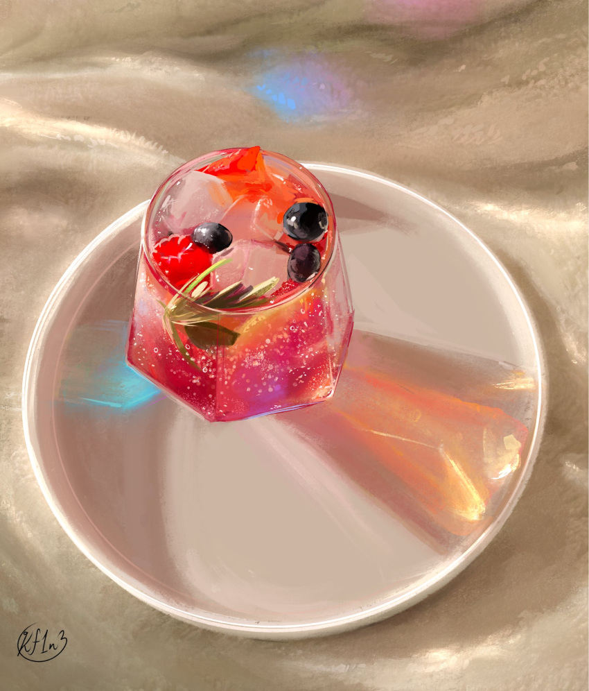 artist_name blueberry cup diffraction_spikes drink drinking_glass food from_above fruit highres ice ice_cube kay_(kf1n3) leaf no_humans original plate raspberry signature still_life