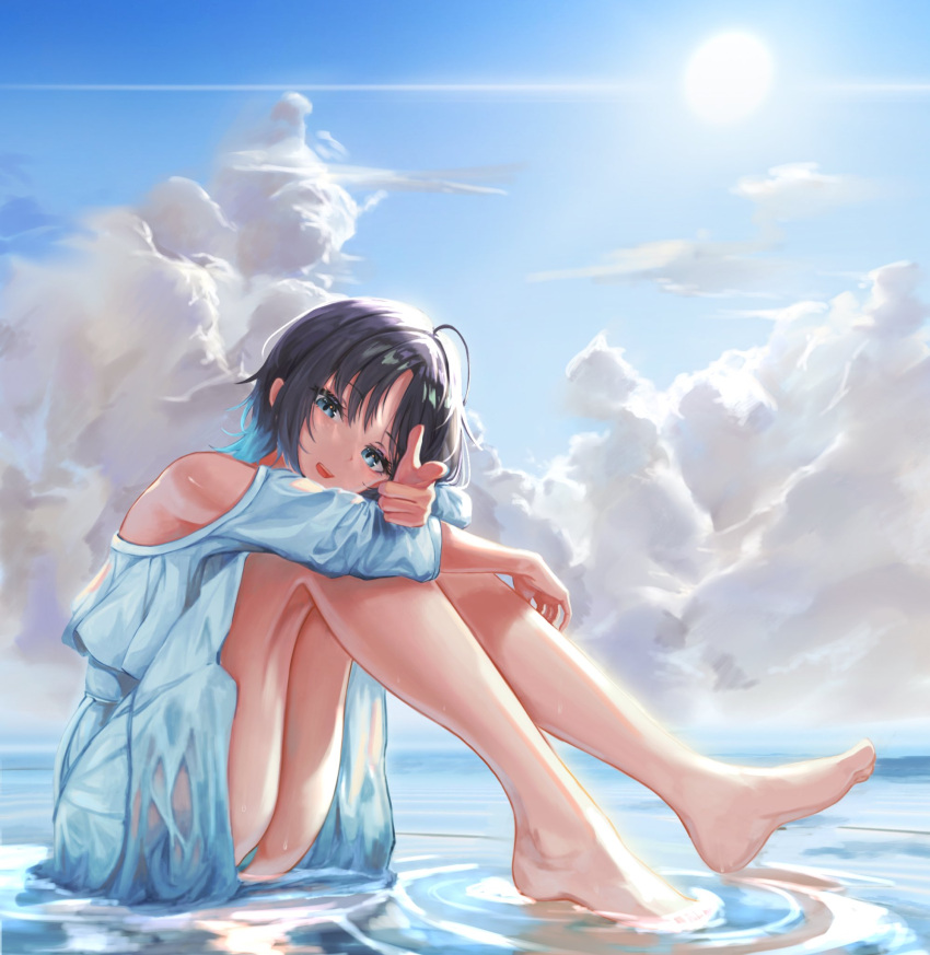 1girl ahoge aqua_eyes asakura_tooru bare_legs barefoot black_hair blue_hair blue_sky clouds commentary_request day dress feet full_body gradient_hair highres hugging_own_legs idolmaster idolmaster_shiny_colors inumantle legs looking_at_viewer multicolored_hair open_mouth outdoors pointing shallow_water short_hair sky solo sun thighs water white_dress