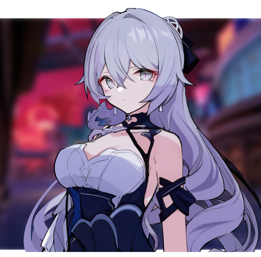 1girl absurdres arm_ribbon bare_shoulders black_choker black_ribbon blurry blurry_background breasts bronya_zaychik bronya_zaychik_(silverwing:_n-ex) choker closed_mouth commentary dress drill_hair earrings error1980 expressionless grey_eyes grey_hair hair_ribbon highres honkai_(series) honkai_impact_3rd jewelry long_hair looking_at_viewer medium_breasts multicolored_clothes multicolored_dress ribbon sleeveless sleeveless_dress slit_pupils solo upper_body very_long_hair