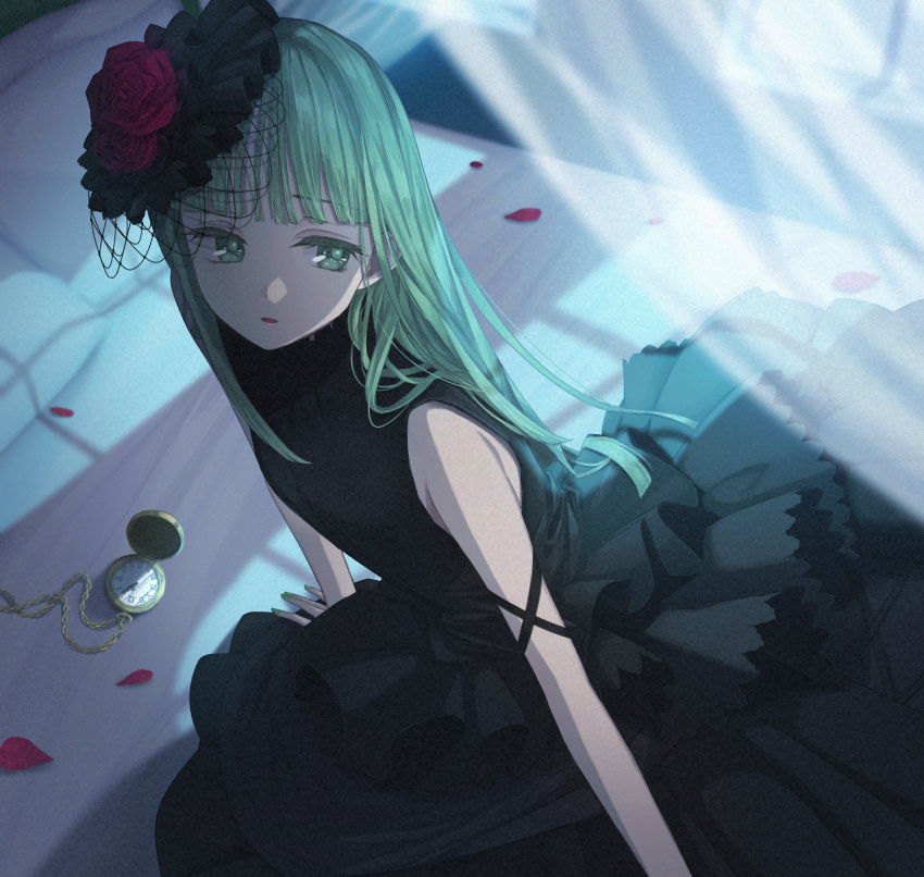 1girl absurdres bangs bed black_dress black_headwear blunt_bangs breasts character_request copyright_request dress eyebrows_visible_through_hair flower flower_hat frilled_dress frills green_eyes green_hair green_nails highres indoors long_hair night niro_(sikabanekurui) on_bed open_mouth petals pocket_watch red_flower rose rose_petals sleeveless sleeveless_dress small_breasts solo virtual_youtuber watch