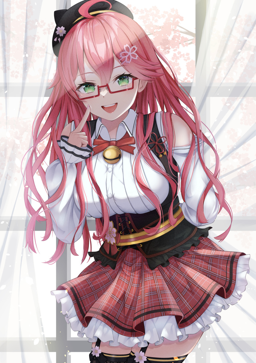 1girl absurdres ahoge bangs bell blush bow bowtie breasts dress eyebrows_visible_through_hair glasses green_eyes hair_between_eyes hair_ornament hairclip highres hololive large_breasts long_hair looking_at_viewer mira_bluesky3 off_shoulder open_mouth plaid plaid_dress sakura_miko skirt smile solo thigh-highs virtual_youtuber