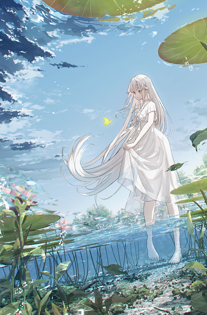 1girl :o absurdres bangs barefoot blunt_bangs brown_eyes bug butterfly clouds commentary day dress highres lily_pad long_hair original outdoors partially_submerged partially_underwater_shot scenery skirt_hold sky solo standing symbol-only_commentary tngn96 wading water white_dress white_hair
