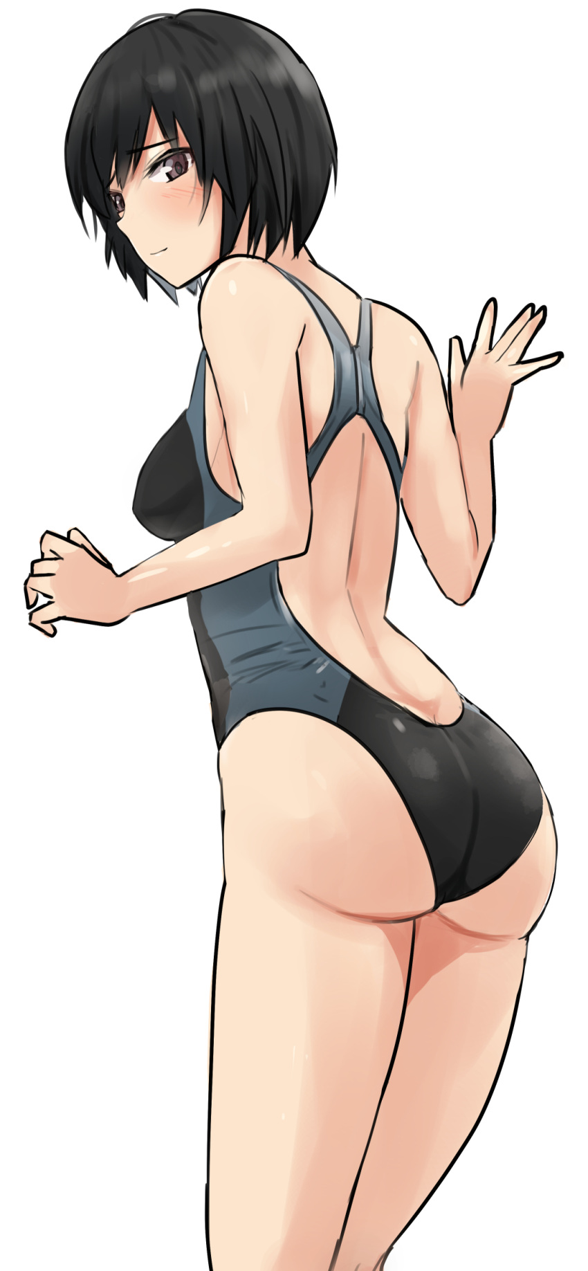 1girl amagami ass black_hair competition_swimsuit cowboy_shot highres looking_at_viewer looking_back nanasaki_ai one-piece_swimsuit short_hair simple_background solo standing swimsuit two-tone_swimsuit white_background ykh1028
