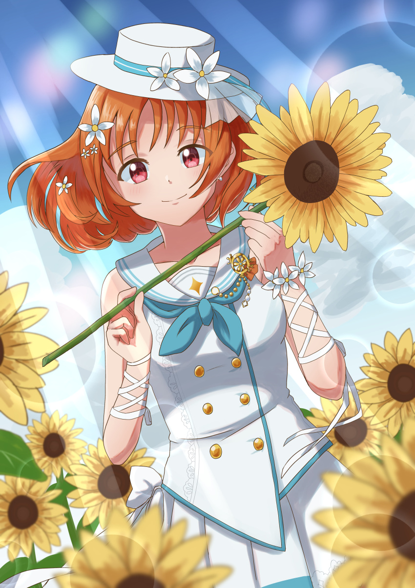 1girl absurdres arm_ribbon clouds day flower hair_flower hair_ornament hat hat_flower highres looking_at_viewer love_live! love_live!_school_idol_festival_all_stars orange_hair outdoors red_eyes ribbon shirt short_hair skirt sleeveless sleeveless_shirt smile solo standing sunflower sunlight taiyakippassion takami_chika white_headwear white_ribbon white_skirt