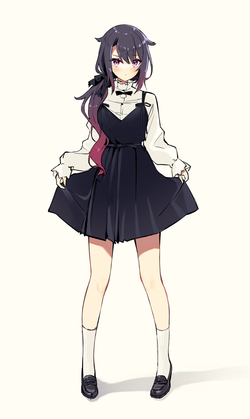 1girl absurdres bangs black_dress black_footwear closed_mouth dress gradient_hair hair_over_shoulder highres loafers long_hair long_sleeves looking_at_viewer low_ponytail multicolored_hair original purple_hair shirt shoes side_ponytail simple_background sketch skirt_hold sleeves_past_wrists socks solo standing white_legwear white_shirt zero_(miraichizu)