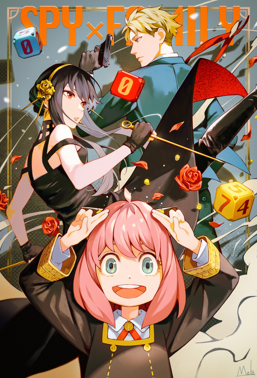 1boy 2girls absurdres anya_(spy_x_family) arms_up bare_shoulders black_dress black_gloves black_hair blonde_hair blue_eyes bob_cut breasts closed_mouth collared_dress collared_shirt dagger dice dress dual_wielding earrings eden_academy_uniform falling_petals finger_on_trigger fingerless_gloves flower formal gloves gold_earrings gold_hairband green_eyes green_jacket green_suit gun handgun hands_on_own_head hands_up high_kick highres holding holding_dagger holding_gun holding_weapon horn_ornament horns jacket jewelry kicking knife kyuuba_melo leg_up long_sleeves looking_at_viewer looking_to_the_side multiple_girls open_mouth parted_lips petals pink_hair pistol red_eyes red_flower red_ribbon red_rose ribbon rose rose_hair_ornament rose_petals shirt short_hair short_hair_with_long_locks sleeveless sleeveless_dress spy_x_family suit teeth twilight_(spy_x_family) upper_teeth weapon white_shirt yor_briar