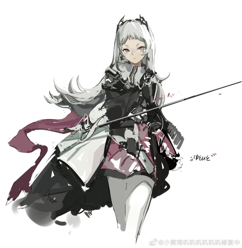 1girl arknights artist_name closed_mouth cropped_legs earrings facial_mark forehead highres holding holding_sword holding_weapon irene_(arknights) jewelry long_hair long_sleeves looking_at_viewer miniskirt pantyhose puffy_long_sleeves puffy_sleeves purple_skirt rapier silver_hair simple_background skirt solo sword v-shaped_eyebrows weapon weibo_username white_background white_legwear xiao_huang_jijijijijijiji_xiufu_zhong