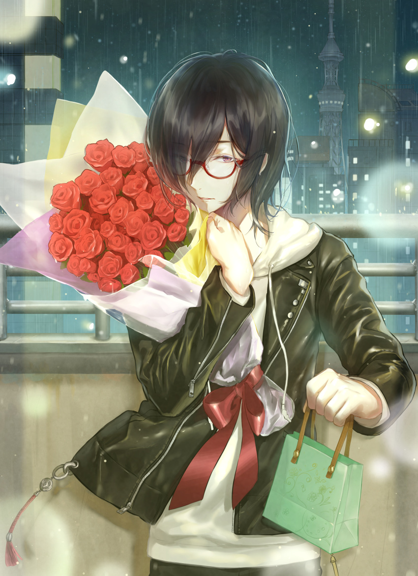 1boy absurdres amatou_cacao black_hair black_jacket bouquet bow building eyebrows_visible_through_hair eyes_visible_through_hair flower gift glasses hair_over_one_eye highres holding holding_bouquet holding_flower holding_gift hood hoodie jacket light_particles looking_at_viewer male_focus night open_clothes open_jacket original parted_lips railing rain red-framed_eyewear red_bow rose solo tassel violet_eyes white_hoodie zipper