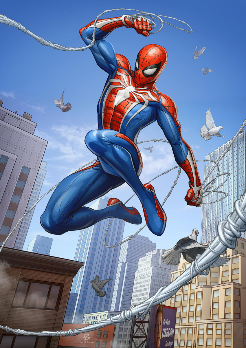 1boy airborne bird city highres male_focus marvel mask patrick_brown pigeon solo spider-man spider-man_(game) spider-man_(series) spider_web_print