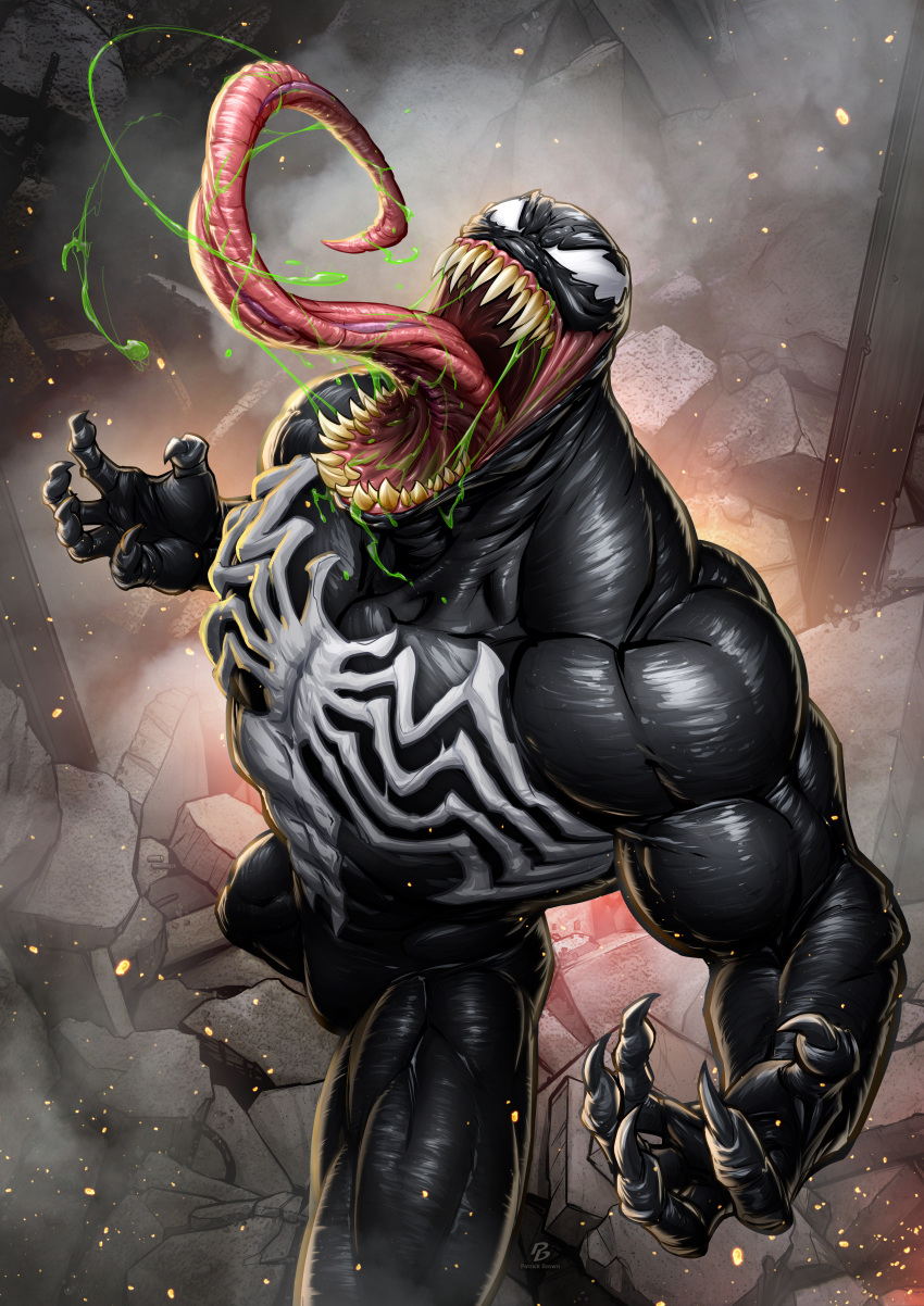 1boy absurdres black_skin claws colored_skin embers highres long_tongue male_focus marvel monster monster_boy muscular open_mouth patrick_brown sharp_teeth solo spider-man_(series) teeth tongue venom_(marvel)