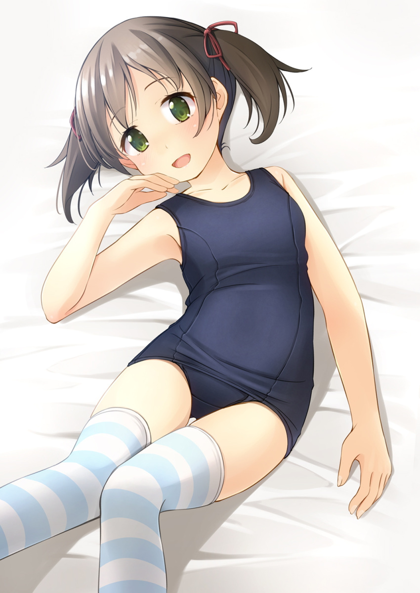 1girl :d bangs bare_arms bare_shoulders bed_sheet blue_swimsuit breasts brown_hair collarbone commentary_request eyebrows_visible_through_hair feet_out_of_frame green_eyes hand_up highres knees_together_feet_apart looking_at_viewer lying old_school_swimsuit on_back one-piece_swimsuit original school_swimsuit shibacha short_hair small_breasts smile solo striped striped_legwear swimsuit thigh-highs twintails