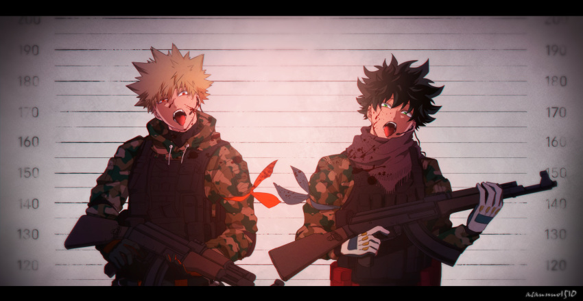 2boys absurdres armband asanuno1510 bakugou_katsuki bangs blonde_hair blood blood_on_face boku_no_hero_academia bulletproof_vest camouflage camouflage_jacket freckles green_eyes gun highres holding holding_gun holding_weapon jacket looking_at_viewer male_focus midoriya_izuku military military_uniform multiple_boys open_mouth red_eyes scarf short_hair spiky_hair tongue tongue_out uniform weapon