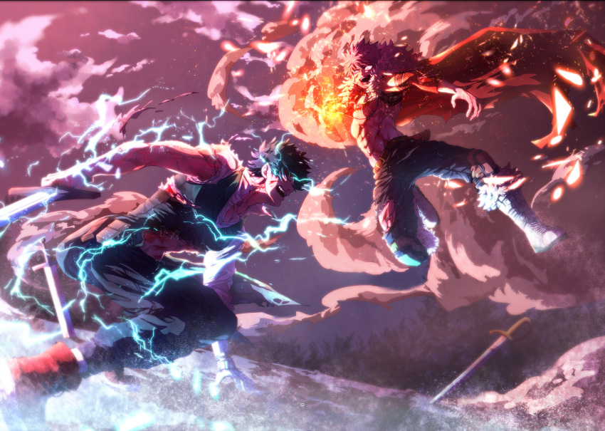 2boys asanuno1510 bakugou_katsuki bangs battle belt black_pants blonde_hair blood blood_on_face boku_no_hero_academia boots cape clouds dark_green_hair earrings electricity evil_smile explosion fang_necklace fighting fur-trimmed_cape fur_trim gloves green_eyes green_vest highres holding holding_sword holding_weapon jewelry large_pectorals looking_at_another male_focus midoriya_izuku multiple_boys muscular muscular_male necklace open_mouth outdoors pants pectorals red_cape red_eyes shirt short_hair single_glove sky smile spiky_hair sword torn_clothes torn_pants torn_shirt torn_vest vest weapon white_gloves white_shirt