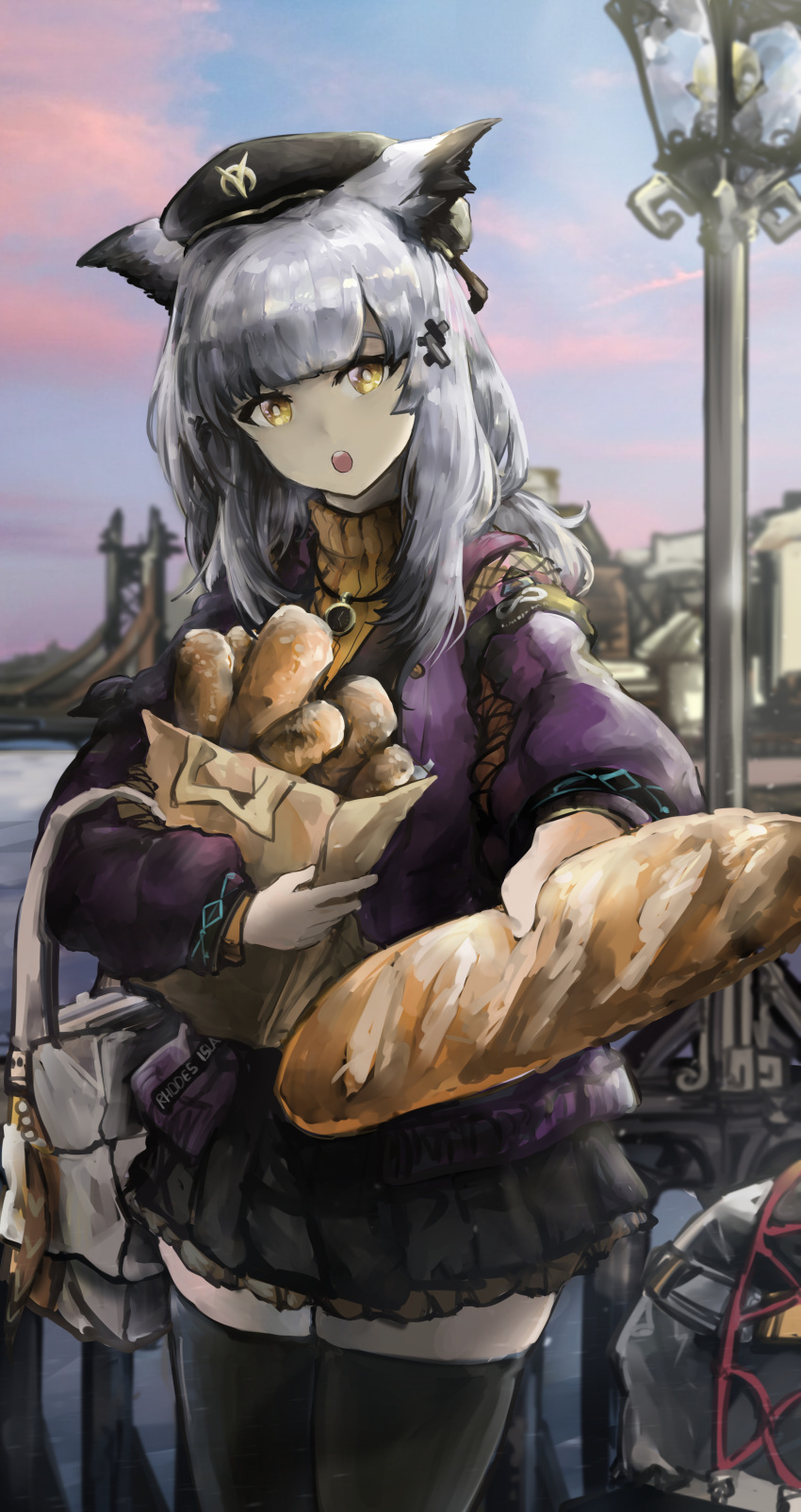 1girl :o absurdres arknights bag bangs black_headwear black_legwear bread bridge bright_pupils cowboy_shot evening food grey_hair hair_ornament hat highres holding holding_bag holding_food infection_monitor_(arknights) jacket lamppost long_hair long_sleeves looking_at_viewer open_mouth orange_eyes owl_ears ptilopsis_(arknights) ptilopsis_(serenity)_(arknights) purple_jacket skirt solo sweater teeth thigh-highs turtleneck turtleneck_sweater upper_teeth vyragami white_pupils yellow_eyes zettai_ryouiki