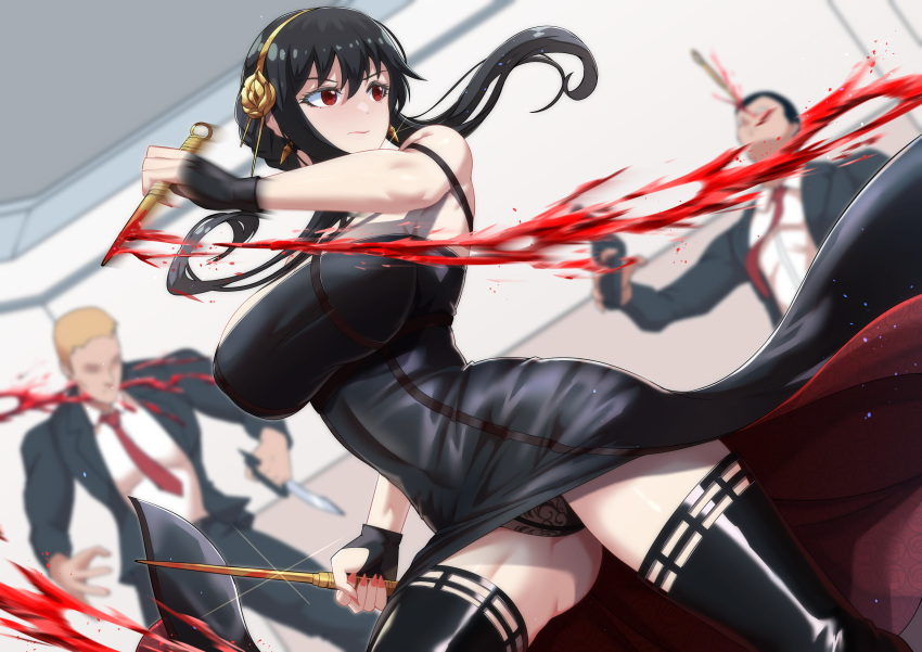 1girl 2boys absurdres bangs bare_shoulders black_dress black_hair black_legwear blood breasts dagger dress earrings gold_earrings gold_hairband highres holding holding_dagger holding_weapon jewelry knife large_breasts long_hair multiple_boys red_eyes rose_hair_ornament sidelocks spy_x_family thigh-highs thighs torahime_(roland00) weapon yor_briar