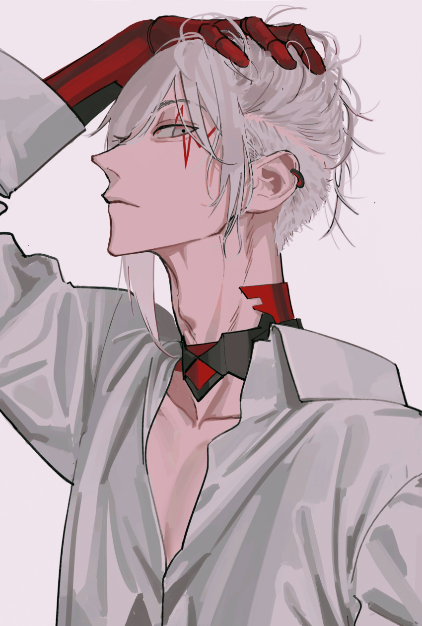 1boy absurdres adam's_apple bare_pectorals closed_mouth collarbone cyborg earrings facial_mark fulgur_ovid grey_eyes grey_hair half-closed_eyes hand_on_own_head highres iamthekingofegg jewelry male_focus mechanical_arms nijisanji nijisanji_en pectorals single_mechanical_arm solo undercut upper_body virtual_youtuber