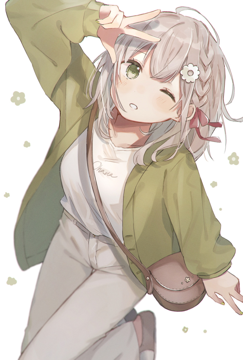 1girl ahoge arm_up bag bangs blush bow braid commentary_request eyebrows_visible_through_hair floral_background flower green_eyes green_jacket grey_hair grey_pants hair_bow hair_flower hair_ornament highres jacket looking_at_viewer one_eye_closed open_clothes open_jacket original pants red_bow shano-pirika shirt shoulder_bag simple_background solo w white_background white_flower white_shirt