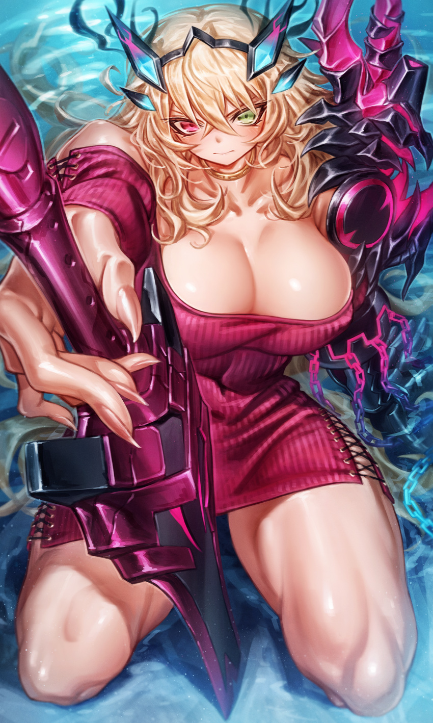 1girl bangs blonde_hair breasts dress fairy_knight_gawain_(fate) fairy_knight_gawain_(like_a_lady)_(fate) fate/grand_order fate_(series) green_eyes heterochromia highres horns jewelry kneeling large_breasts long_hair looking_at_viewer muscular muscular_female neck_ring off-shoulder_sweater off_shoulder oyu_udon red_eyes red_sweater solo sweater sweater_dress sword thick_thighs thighs weapon