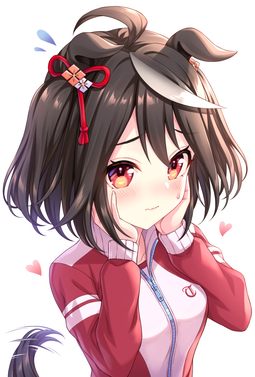 1girl ahoge animal_ears black_hair blush closed_mouth commentary_request hair_between_eyes hands_on_own_face heart highres horse_ears horse_girl horse_tail jacket kitasan_black_(umamusume) long_sleeves red_eyes short_hair solo speed_lines tail tail_wagging tomo_(tmtm_mf_mf) track_jacket umamusume white_hair