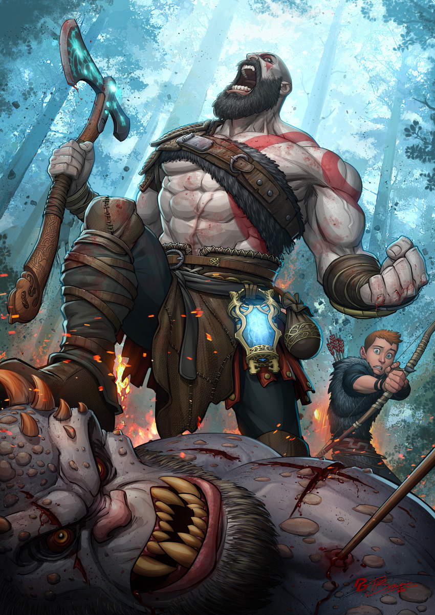 2boys absurdres arrow_in_body atreus axe bald beard bow_(weapon) brown_hair day facial_hair father_and_son forest god_of_war highres holding holding_axe kratos monster multiple_boys muscular nature open_mouth outdoors patrick_brown pouch quiver screaming tattoo weapon