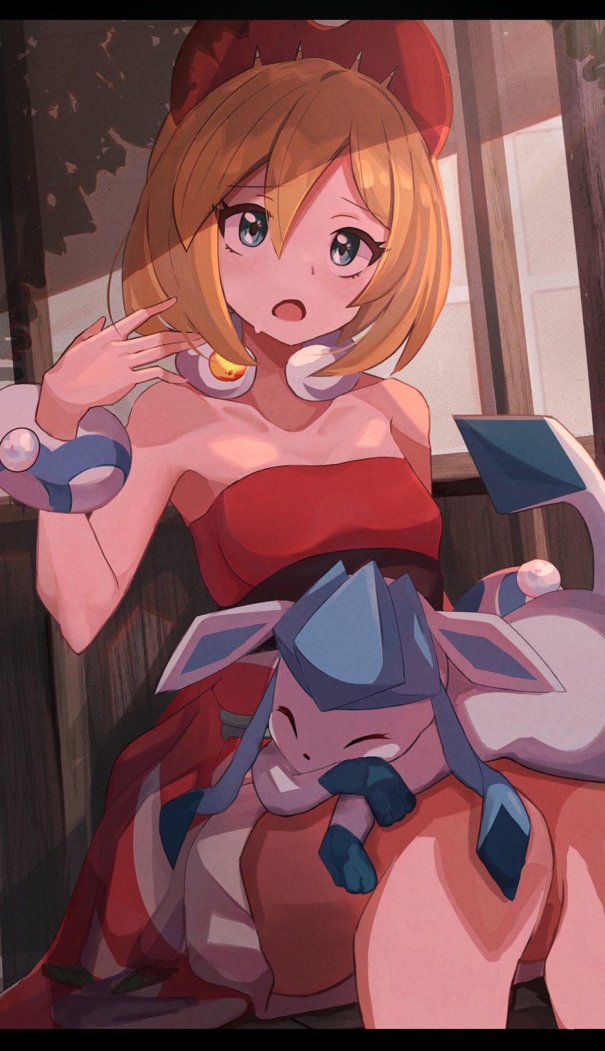 1girl arm_wrap blonde_hair blue_eyes dress fanning_self glaceon hairband highres irida_(pokemon) jewelry knees neck_ring on_lap open_mouth pokemon pokemon_(creature) pokemon_(game) pokemon_legends:_arceus pokemon_on_lap red_hairband red_shirt shirt short_hair shorts strapless strapless_shirt umiru waist_cape white_shorts