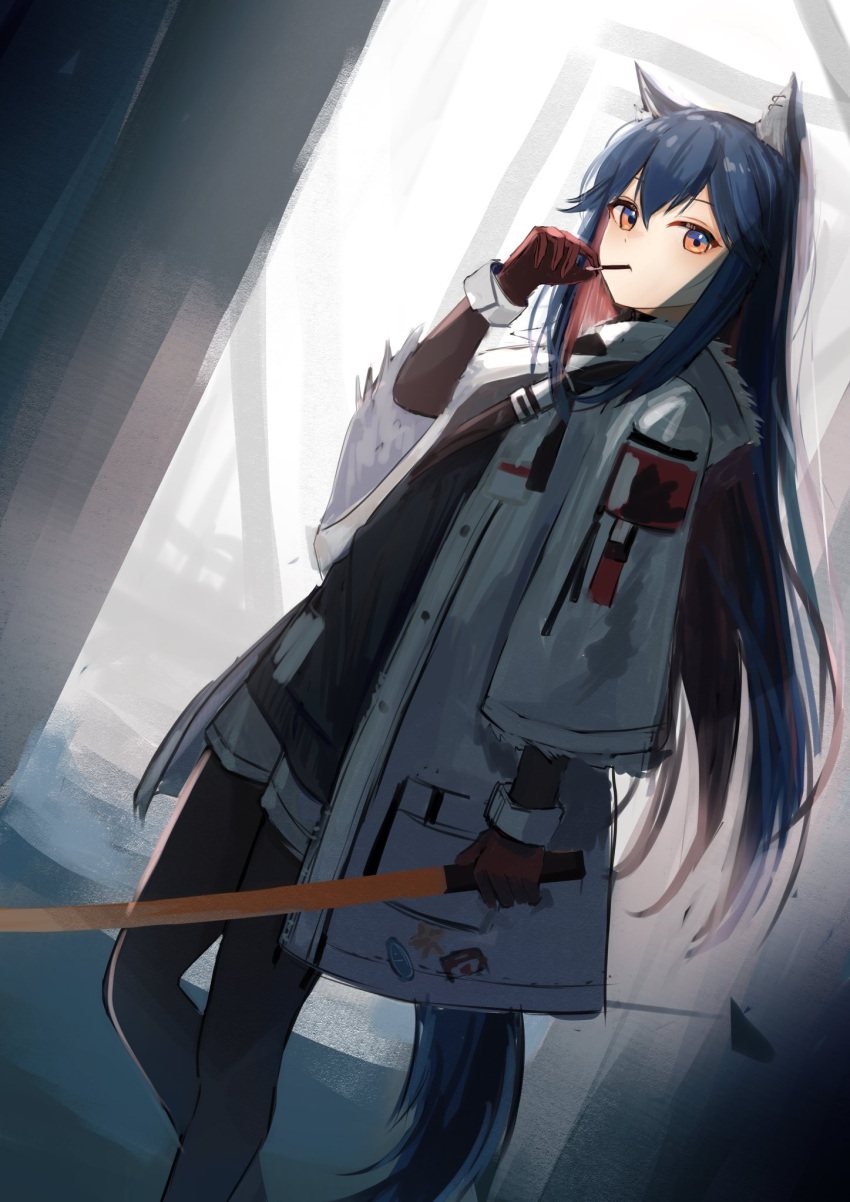 1girl animal_ear_fluff animal_ears arknights azuazu_0405 backlighting bangs black_hair black_legwear black_sweater coat eyebrows_visible_through_hair feet_out_of_frame food food_in_mouth fur-trimmed_hood fur-trimmed_sleeves fur_trim gloves grey_footwear highres holding holding_sword holding_weapon hood hood_down hooded_coat light long_hair long_sleeves looking_at_viewer mouth_hold multicolored_hair official_alternate_costume open_clothes open_coat orange_eyes pantyhose pocky red_gloves redhead sidelocks solo standing sweater sword tail texas_(arknights) texas_(winter_messenger)_(arknights) two-tone_hair very_long_hair weapon white_coat wolf_ears wolf_girl wolf_tail