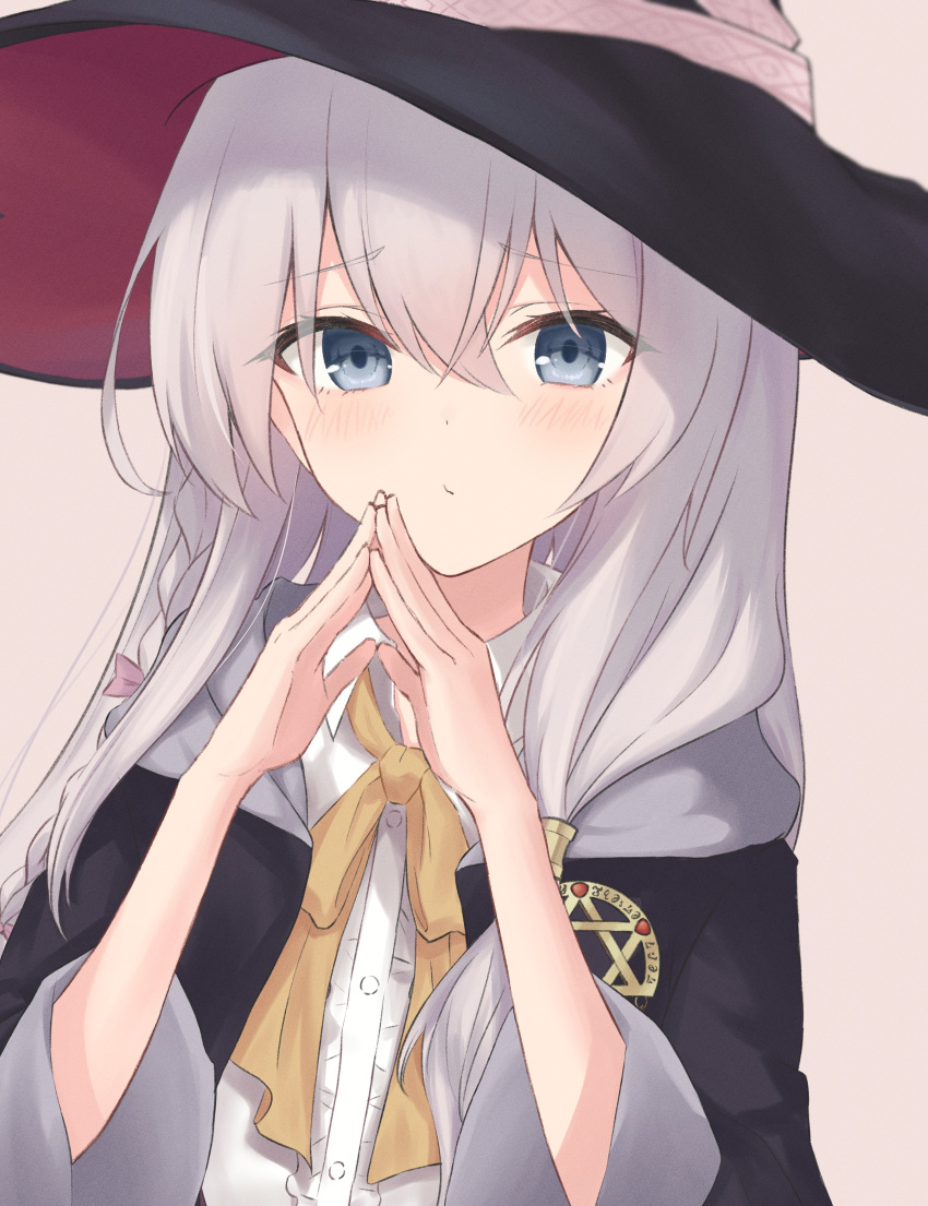 1girl absurdres bangs black_headwear black_jacket blue_eyes braid brown_background closed_mouth elaina_(majo_no_tabitabi) eyebrows_visible_through_hair grey_hair hat hexagram highres jacket long_hair long_sleeves looking_at_viewer majo_no_tabitabi memo_l3 own_hands_together shirt side_braid simple_background single_braid solo upper_body white_shirt witch witch_hat