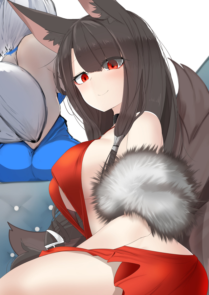 2girls absurdres akagi_(azur_lane) akagi_(ruby-laced_beauty)_(azur_lane) akaoni_(zumt3548) animal_ear_fluff animal_ears ass azur_lane backless_dress backless_outfit bare_back blue_dress breasts brown_hair brown_tail cocktail_dress dress evening_gown from_behind from_side halter_dress halterneck highres kaga_(azur_lane) kaga_(exalted_white_wings)_(azur_lane) kitsune large_breasts large_tail long_hair looking_at_viewer multiple_girls multiple_tails official_alternate_costume red_dress red_eyes tail white_hair white_tail