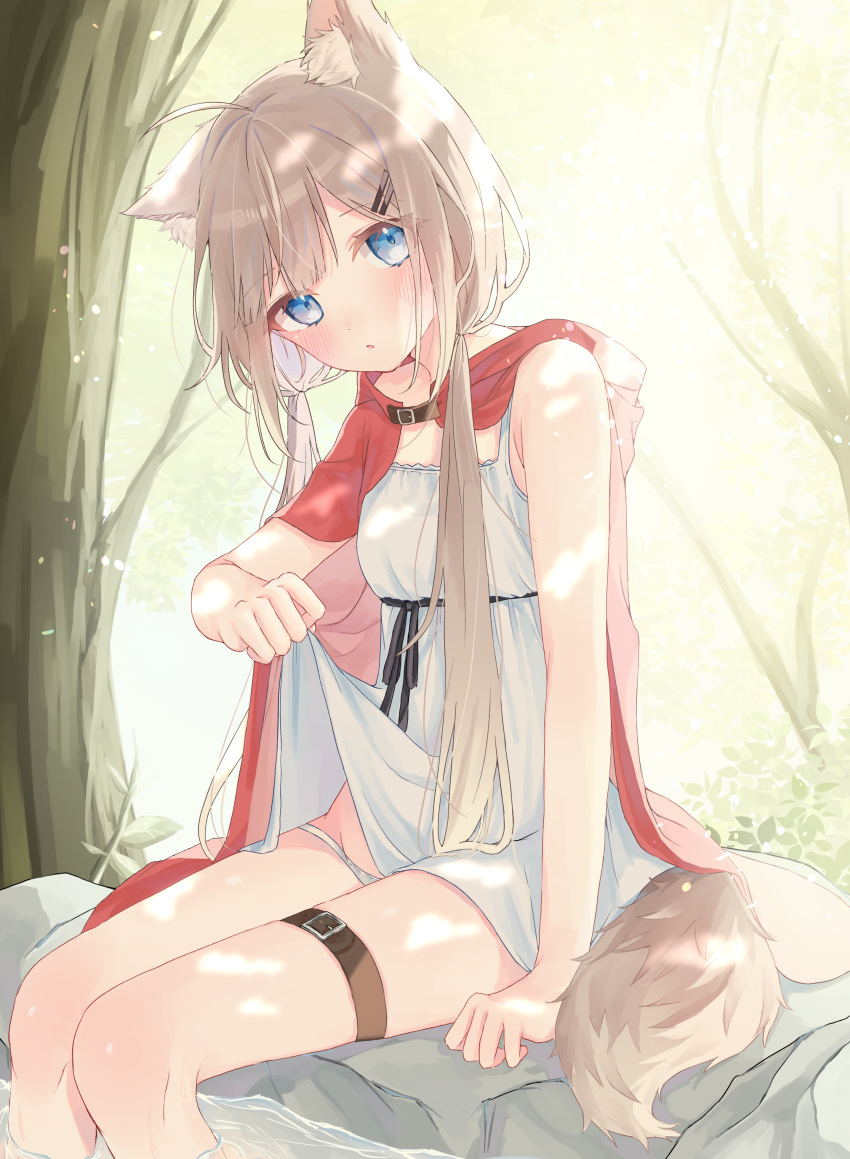 1girl absurdres animal_ears blue_eyes cape dress highres hood hood_down hooded_cape lifted_by_self light_brown_hair little_red_riding_hood little_red_riding_hood_(grimm) original panties riri_(ri0177) sitting sleeveless sleeveless_dress sundress tail thigh_strap underwear white_dress white_panties wolf_ears wolf_girl wolf_tail