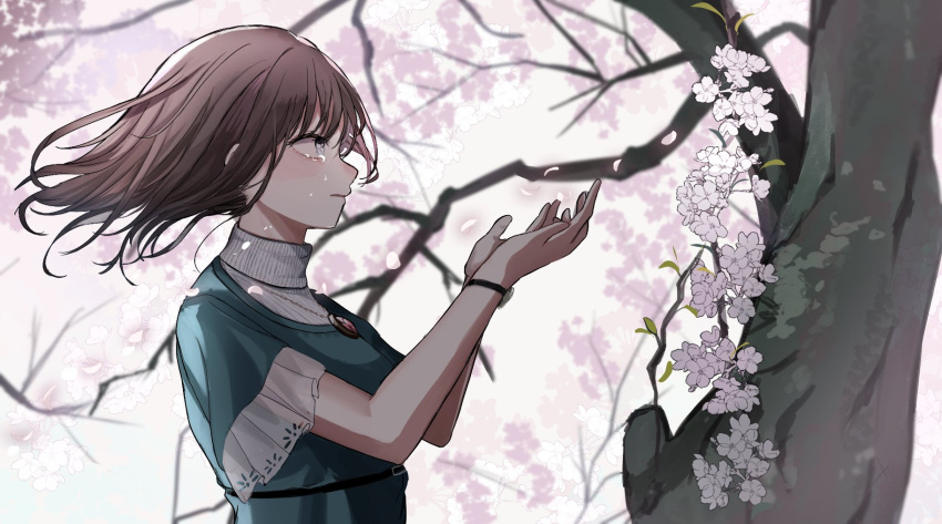 1girl bangs blue_dress branch brown_hair cherry_blossoms commentary_request crying crying_with_eyes_open dress falling_petals flower from_side hands_up highres jewelry long_hair necklace original outdoors people petals shinonome_nemu_(nemulog_sn) shirt short_sleeves solo tears tree turtleneck upper_body watch watch white_flower white_shirt