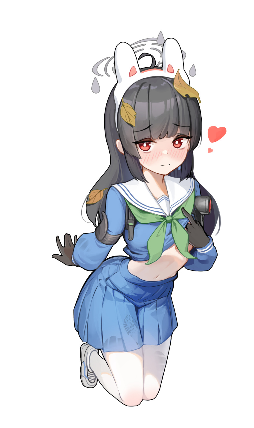 1girl absurdres ahoge arm_support bangs black_gloves black_hair blue_archive blue_serafuku blue_shirt blue_skirt blush closed_mouth clothes_lift eyebrows_visible_through_hair full_body gloves green_neckerchief halo headgear heart highres komi_(komiking) lifted_by_self long_sleeves looking_at_viewer miyu_(blue_archive) navel neckerchief nose_blush pantyhose pleated_skirt puffy_long_sleeves puffy_sleeves red_eyes sailor_collar school_uniform serafuku shirt shirt_lift shoes simple_background skirt solo white_background white_footwear white_legwear white_sailor_collar