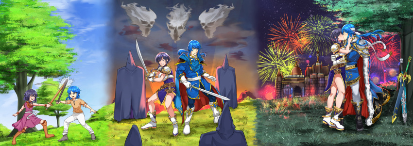 1boy 1girl absurdres armor black_hair blue_hair boots bracelet cape closed_eyes commission commissioner_upload dress duel fighting fire_emblem fire_emblem:_genealogy_of_the_holy_war fire_emblem_heroes fireworks ghost gloves gouble3 grass headband highres holding holding_sword holding_weapon hood jewelry larcei_(fire_emblem) night night_sky nintendo outdoors pauldrons ponytail seliph_(fire_emblem) shoulder_armor sky smile sword tree weapon wooden_sword