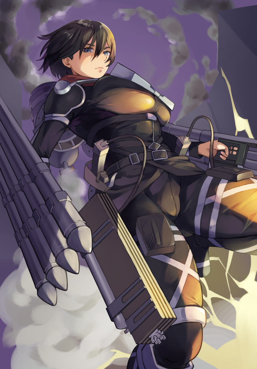 1girl agu_(agrias777) black_bodysuit black_hair blue_eyes bodysuit breasts clouds from_below highres large_breasts mikasa_ackerman rocket shingeki_no_kyojin short_hair sky solo three-dimensional_maneuver_gear weapon