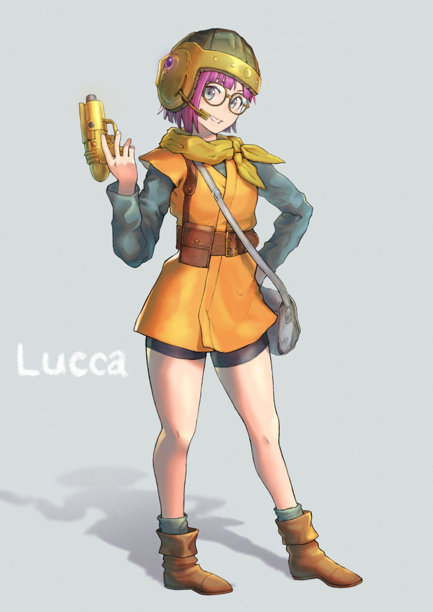 1girl absurdres bag belt bike_shorts blue_eyes boots breasts chrono_trigger full_body glasses gun gurere_art helmet highres looking_at_viewer lucca_ashtear purple_hair scarf shadow short_hair simple_background skirt smile solo weapon