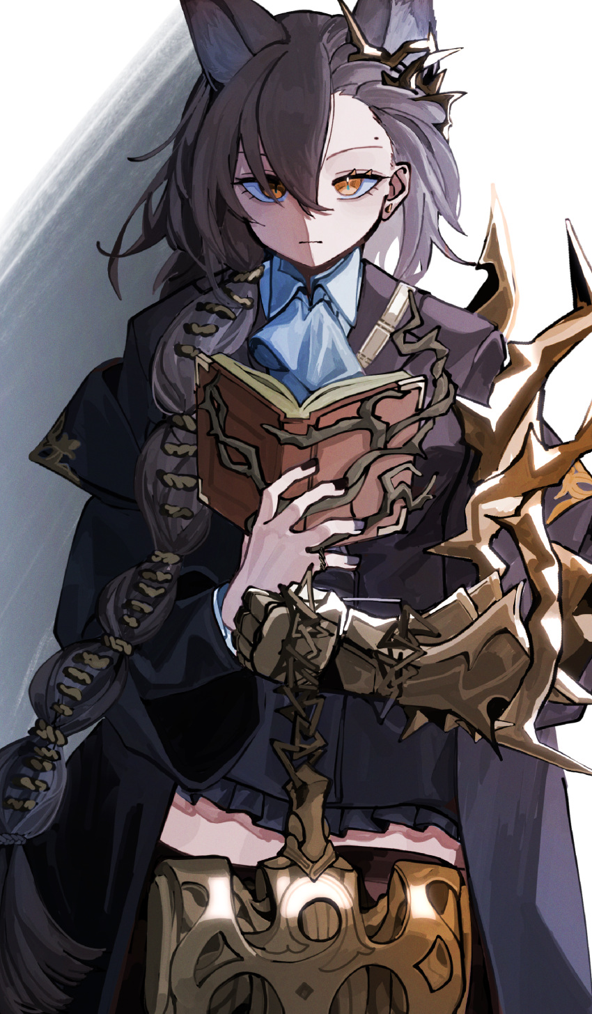 1girl absurdres animal_ears arknights ascot black_coat book braid brown_hair chain closed_mouth coat coffee_toranpu commentary earrings gauntlets hair_ornament hammer highres holding holding_book holding_chain holding_weapon jacket jewelry long_hair long_sleeves looking_at_viewer mole mole_above_eye off_shoulder open_book orange_eyes penance_(arknights) shaded_face shadow shirt simple_background single_braid solo very_long_hair weapon white_ascot white_background wolf_ears wolf_girl