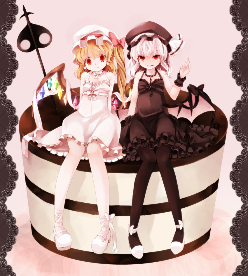 absurdres alternate_costume bat_wings black_legwear blonde_hair cake choker dress flandre_scarlet food highres laevatein lolita_fashion looking_at_viewer pantyhose pastry red_eyes remilia_scarlet ringpearl short_hair siblings side_ponytail silver_hair sisters sitting smile tongue touhou wings