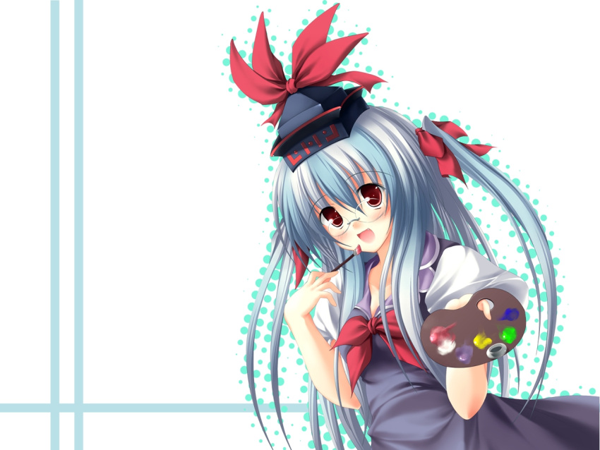 art_brush bespectacled fang glasses kamishirasawa_keine paintbrush palette touhou