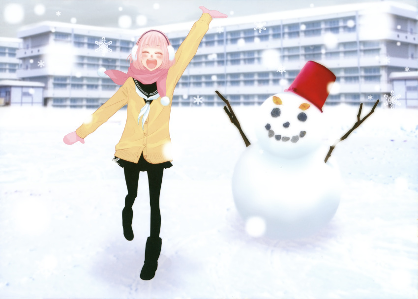 black_boots boots bucket closed_eyes earmuffs just_be_friends_(vocaloid) megurine_luka mittens open_mouth pantyhose pink_hair scarf snowman vocaloid you_know_me? yunomi