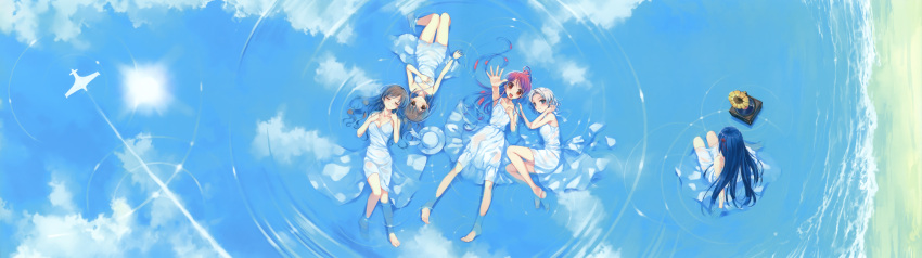 abhar absurdres airplane barefoot blue_hair brown_hair closed_eyes cloud condensation_trail deep_blue_sky_&amp;_pure_white_wings dress from_above hanami_mar'ya hanami_mariya hat hat_removed headwear_removed highres koga_sayoko long_hair long_image lying misaki_kurehito miyamae_tomoka multiple_girls nakano_hinata on_back on_side outstretched_arm outstretched_hand partially_submerged phonograph red_hair reflection ripples short_hair silver_hair suiheisen_made_nan_mile? summer_dress tsuyazaki_kokage water wet_clothes white_dress wide_image