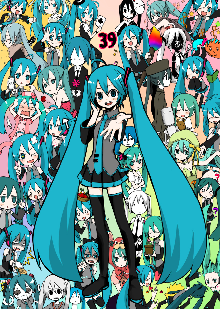 6+girls ? absurdres ahoge aqua_eyes aqua_hair bear boots bow chibi detached_sleeves flat_chest flower green_hair hand_on_headphones hat hatsune_miku headphones heart highres long_hair mask mini_top_hat multiple_girls multiple_persona musical_note nibashi niboshi nurse open_mouth outstretched_hand paintbrush pillow plant pleated_skirt potted_plant robot scarf shiteyan'yo skirt smile songover spring_onion star syringe tears thigh-highs thigh_boots thighhighs top_hat twintails very_long_hair vocaloid white_hair wink yakisoba_spill