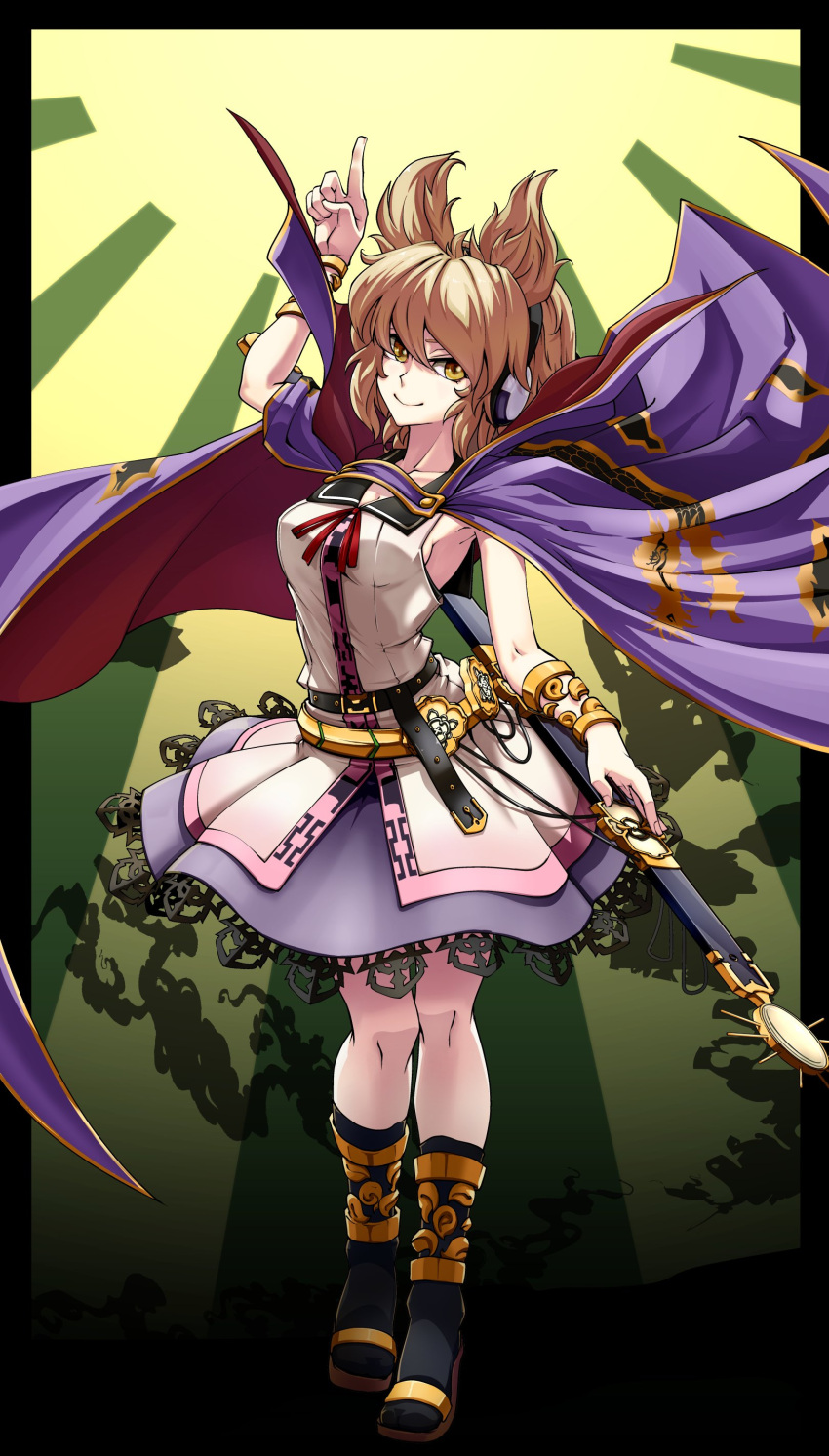 1girl absurdres anklet belt black_belt black_sailor_collar black_socks bracelet breasts cape closed_mouth commentary_request earmuffs fingernails full_body gold gold_footwear happy highres jewelry kikoka_(mizuumi) light_brown_hair looking_at_viewer neck_ribbon pointing pointing_up pointy_hair purple_cape purple_skirt red_cape red_ribbon ribbon ritual_baton sailor_collar sandals sheath shirt short_hair skirt sleeveless sleeveless_shirt small_breasts smile socks standing sword touhou toyosatomimi_no_miko two-tone_cape weapon yellow_eyes