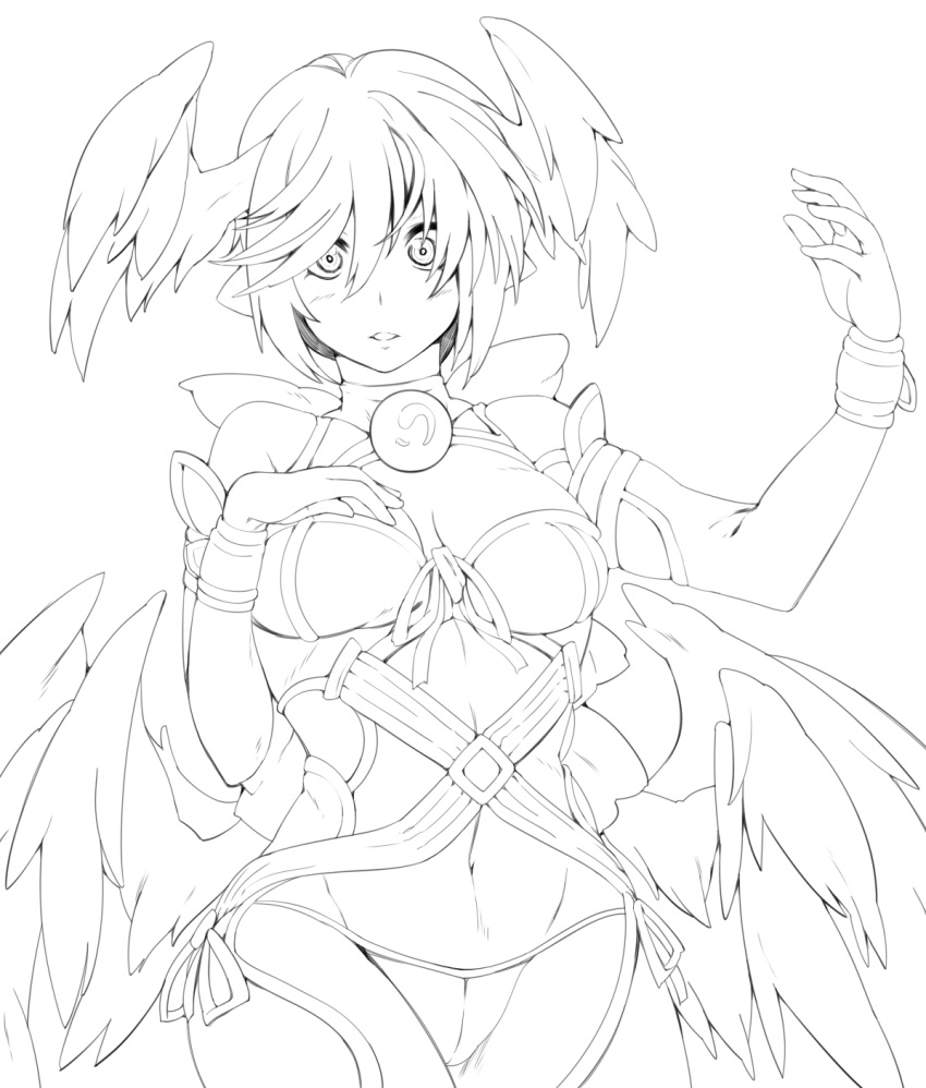 1girl arm_up bare_shoulders breasts cleavage elbow_gloves gloves head_wings highres large_breasts lilith_(shinrabanshou) lineart looking_at_viewer midriff monochrome navel panties pointy_ears shinrabanshou sho-1 short_hair side-tie_panties solo underwear wings