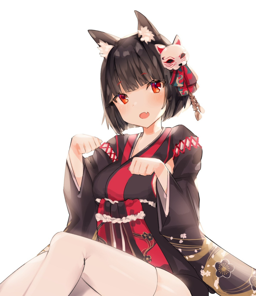 1girl animal_ears azur_lane bangs black_hair black_kimono blunt_bangs cat_mask clenched_hands fang floral_print highres japanese_clothes kimono long_sleeves looking_at_viewer mask mask_on_head open_mouth red_eyes shirobato short_hair simple_background sitting skin_fang solo white_background wide_sleeves yamashiro_(azur_lane)